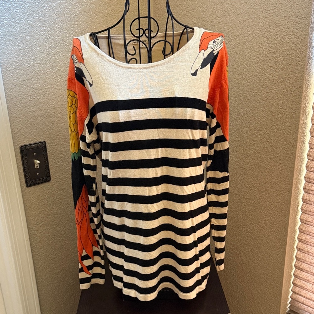 Double Zero Black and White Striped Top with Parrot Design